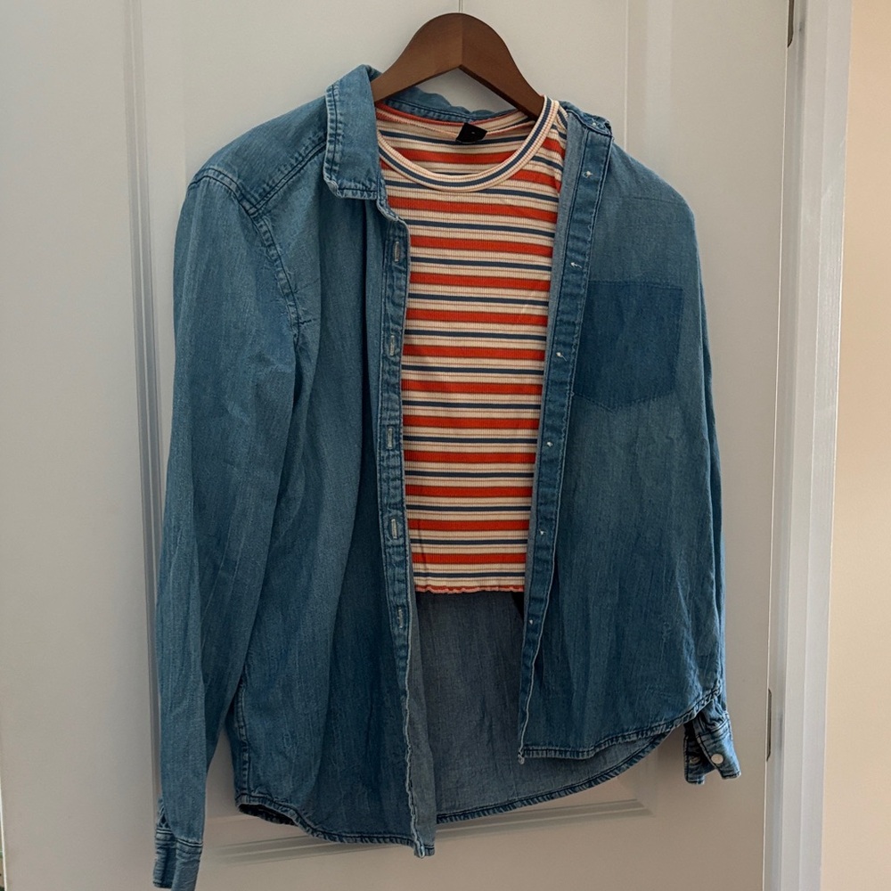 Light Wash Denim Button-Up Shirt with Striped Tee - A SET 🥳